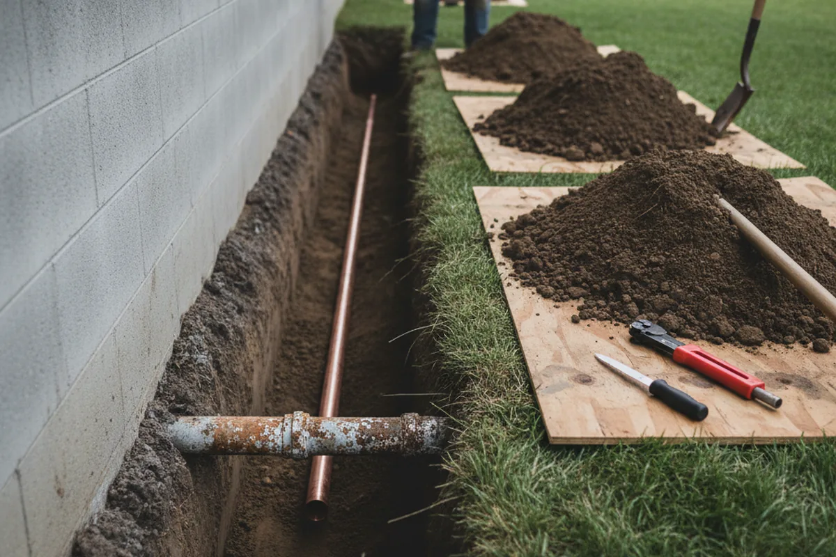 Excavated water line trench during Sewer Line Repair in Laton